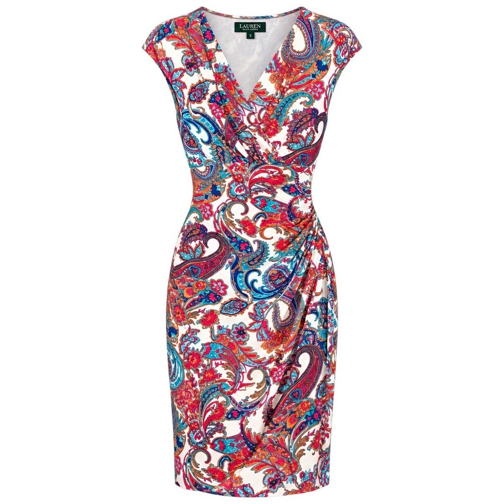 Lauren Ralph Lauren Sheath Dress Size 6 Colorful Paisley Ruched Knee Length Chic